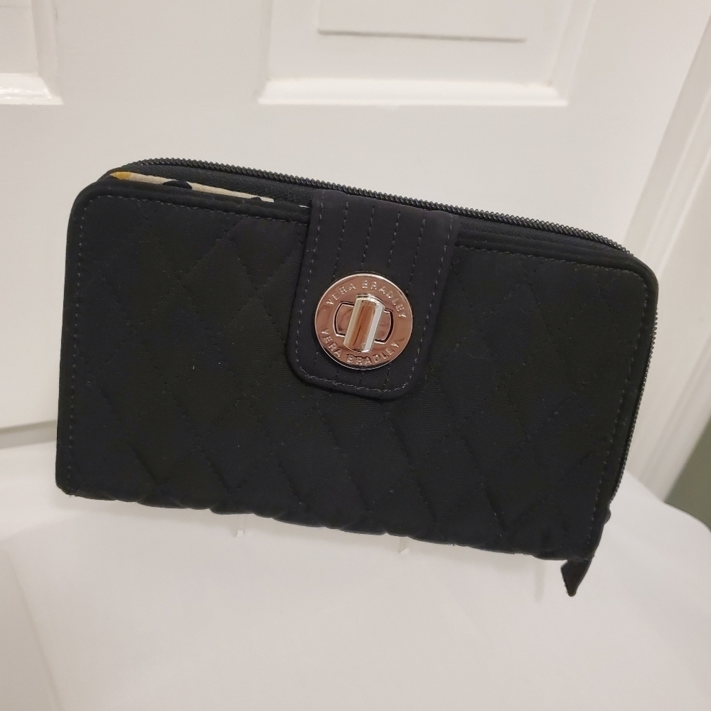 Vera Bradley Large Black Quilted Turnlock Close Wallet, Preppy, Versatile